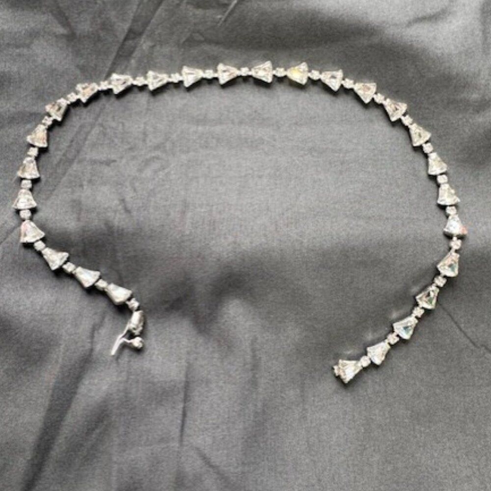 Silver Tone Clear Triangle Cut Glass Stone Tennis Style Bracelet w Accents 15"L